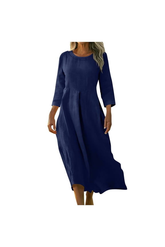 Maxi Dress For Women Long Sleeve Crew Neck Fall Tunic Dress Loose Long Dress Linen Dress With Pocket