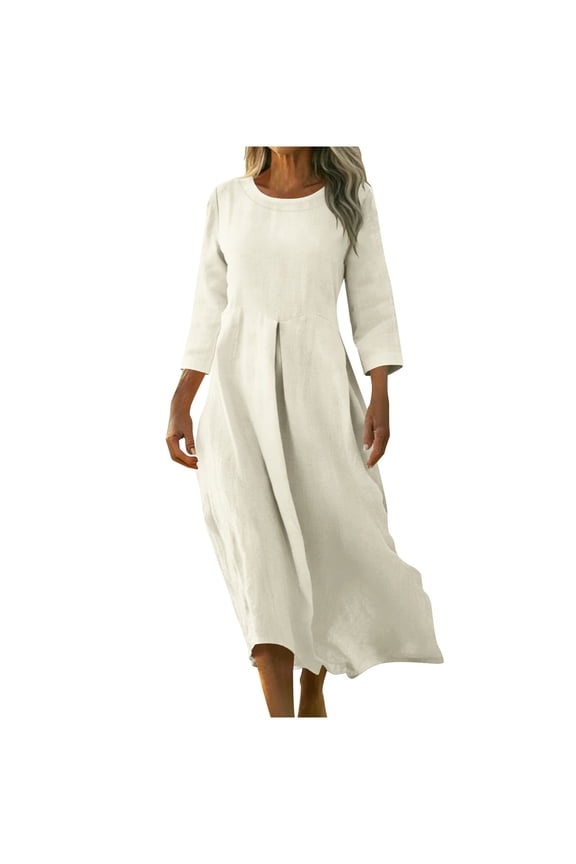 Maxi Dress For Women Long Sleeve Crew Neck Fall Tunic Dress Loose Long Dress Linen Dress With Pocket