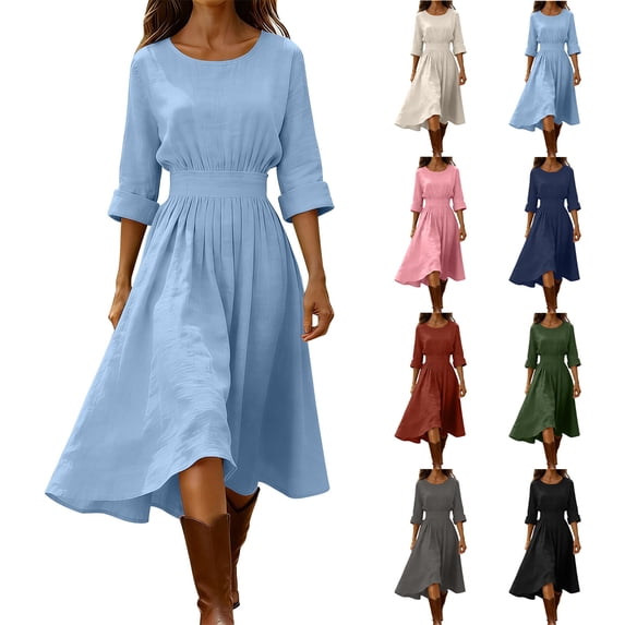 gakvbuo Maxi Dress For Women Summer Linen Dress Elbow Length High Waist Ruched A-Line Dress
