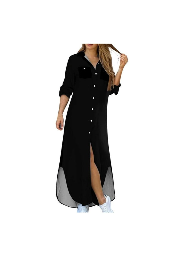 Maxi Dress For Women Turndown Collar Summer Dress Side Split Long Sleeve T-Shirt Dress