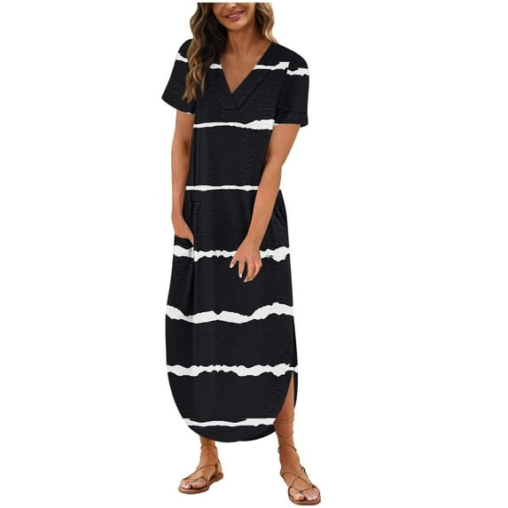 gakvbuo Maxi Dress For Women With Pockets Boho Summer Dresses Short Sleeve V Neck Long Beach T-Shirt Dress With Side Split Bottom Sundress Travel Vacation Outfits