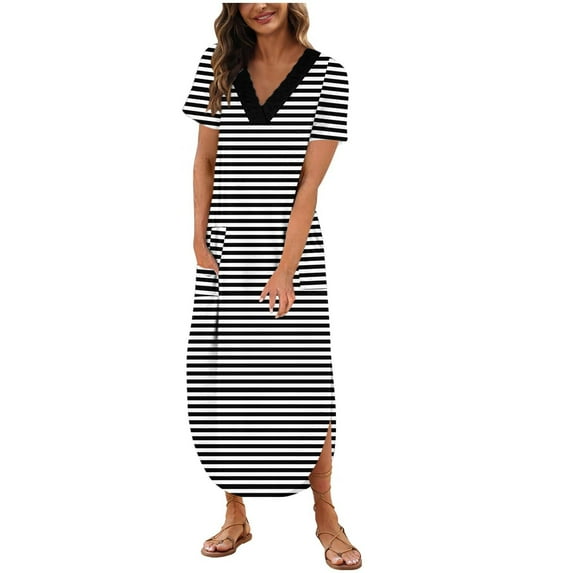 gakvbuo Maxi Dress For Women With Pockets Boho Summer Dresses Short Sleeve V Neck Long Beach T-Shirt Dress With Side Split Bottom Sundress Travel Vacation Outfits