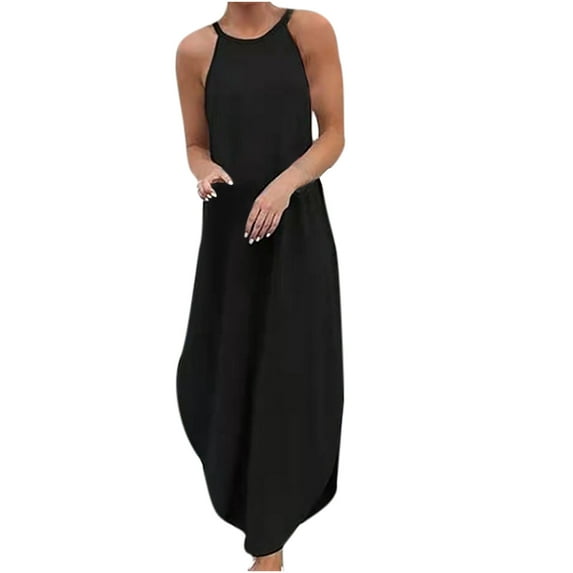 gakvbuo Maxi Dress For Women With Pockets Strap Boho Sundress Summer Tank Dresses Sleeveless Split Maxi Long Beach T-Shirt Dress With Split Bottom Sundress Travel Vacation Outfits