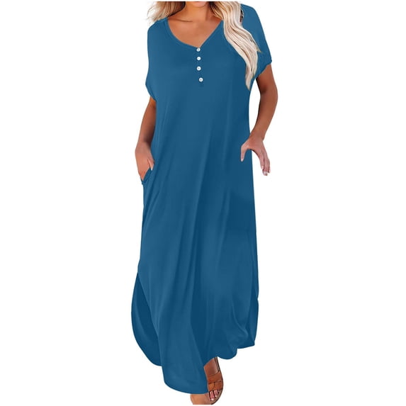 gakvbuo Maxi Dresses For Women With Pockets Summer Dresses Casual Short Sleeve V Neck Dress Casual Beach Dress