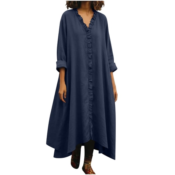 gakvbuo Summer Linen Dress For Women Maxi Dress Popover Dress Women's Linen Loose V-Neck Lace Long Sleeved Dress