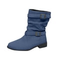 thumbnail image 1 of gakvbuo Mid-Calf Boots For Women Women's Fashion Casual Versatile Buckle Strap Denim Chunky Heel Solid Color Round Toe Trendy Fall And Winter Fashion Boots, 1 of 8