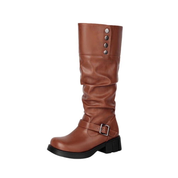 gakvbuo Mid-Calf Boots For Women Women's Fashionable And Casual Winter Style Knee-Length Solid Color Stitching Round Toe Thick Heel Low Heel Mid-Calf Stacked Boots