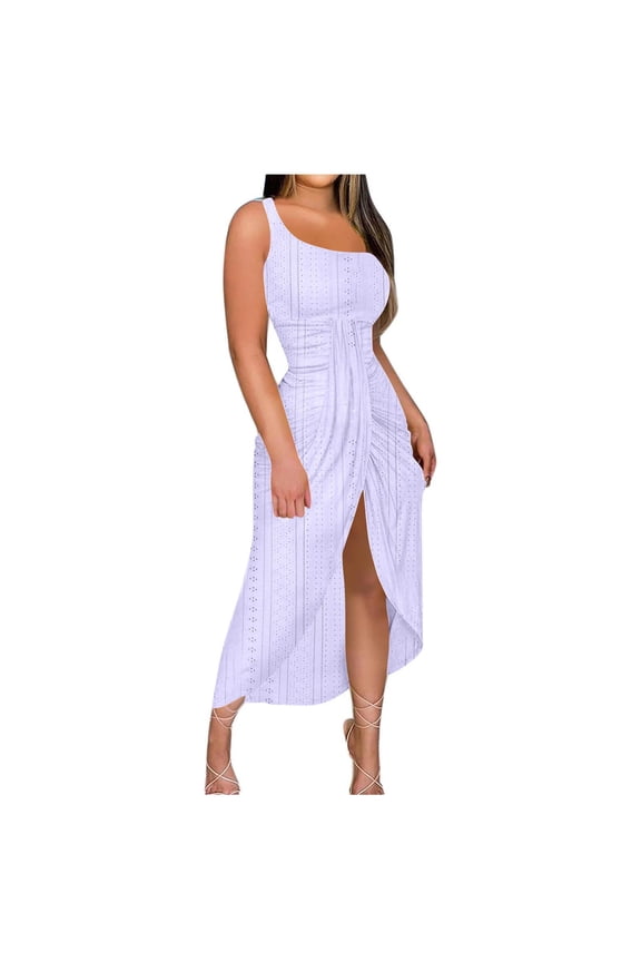 One Shoulder Dresses for Women Hollow Out Eyelet Embroidery Maxi Dresses Asymmetric Cutout High Split Club Party Dress Graduation Long Dress Strapless Wedding Guest Dresses