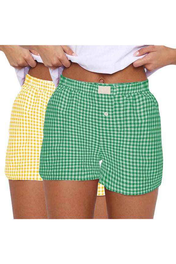 Pajama Bottoms Shorts for Women Elastic Boxer Shorts Streetwear Casual Summer Cotton Pajama Low Rise Pj Sleep Shorts Lounge Shorts Plaid Shorts Beach Sleepwear Bottoms(2PC)