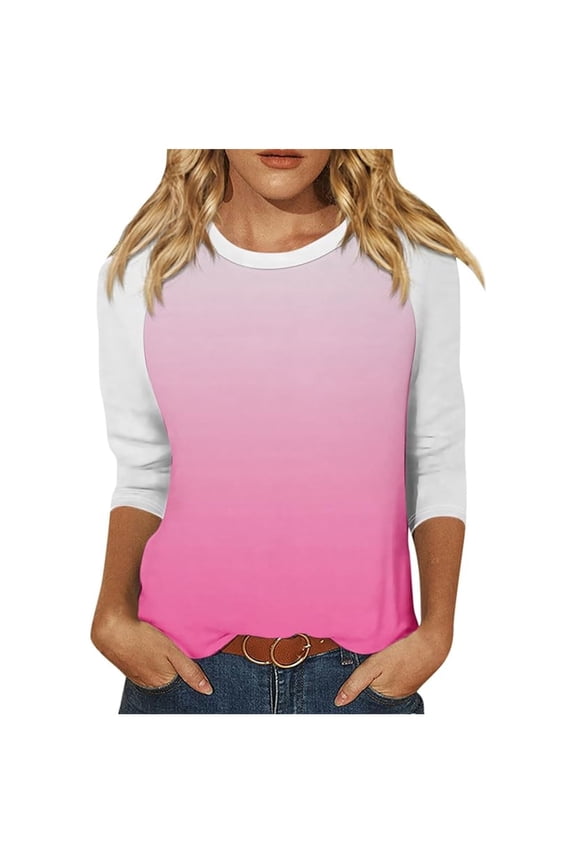 Petite Tops For Women Tops 3/4 Sleeve On Gradient Pullover Shirts Tunic Tops Crewneck Slim Fit Half Sleeve Graphic Tshirts Blouse Tops