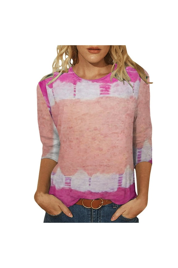 Petite Tops For Women Tops 3/4 Sleeve On Gradient Summer Pullover Shirts Tunic Tops Crewneck Slim Fit Half Sleeve Graphic Tshirts Blouse Tops