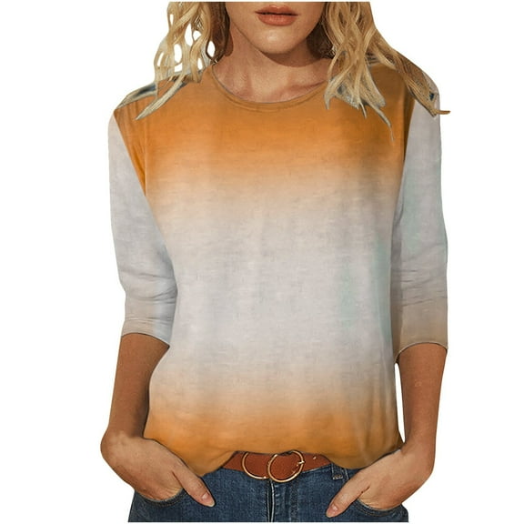 gakvbuo Petite Tops For Women Tops 3/4 Sleeve On Gradient Summer Pullover Shirts Tunic Tops Crewneck Slim Fit Half Sleeve Graphic Tshirts Blouse Tops