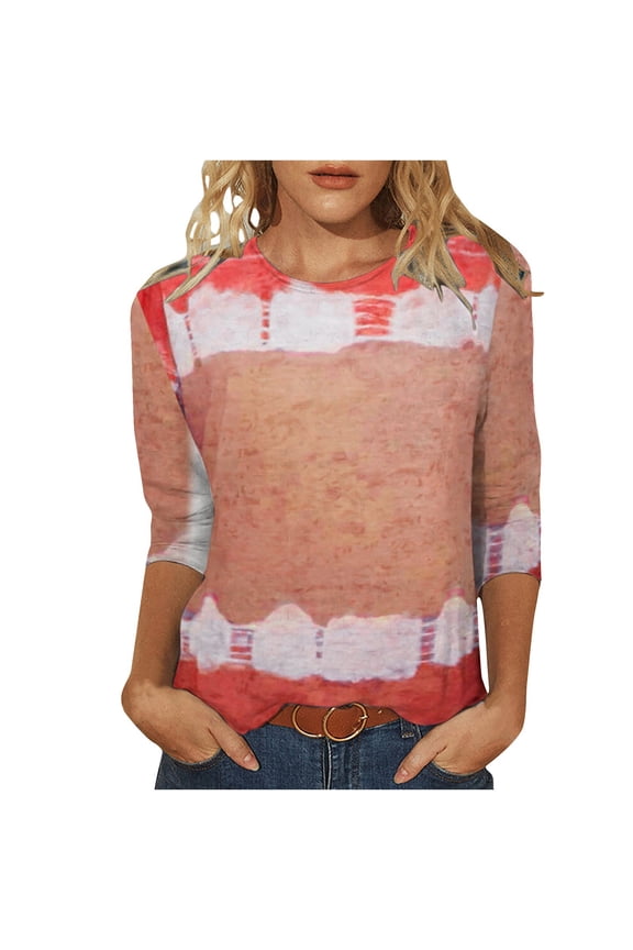 Petite Tops For Women Tops 3/4 Sleeve On Gradient Summer Pullover Shirts Tunic Tops Crewneck Slim Fit Half Sleeve Graphic Tshirts Blouse Tops