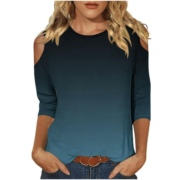 gakvbuo Petite Tops For Women Tops 3/4 Sleeve Pullover Shirts Cold shoulder Tunic Tops Crewneck Slim Fit Half Sleeve off shoulder Graphic Tshirts Gradient Blouse Tops
