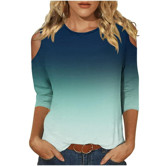 gakvbuo Petite Tops For Women Tops 3/4 Sleeve Pullover Shirts Cold shoulder Tunic Tops Crewneck Slim Fit Half Sleeve off shoulder Graphic Tshirts Gradient Blouse Tops
