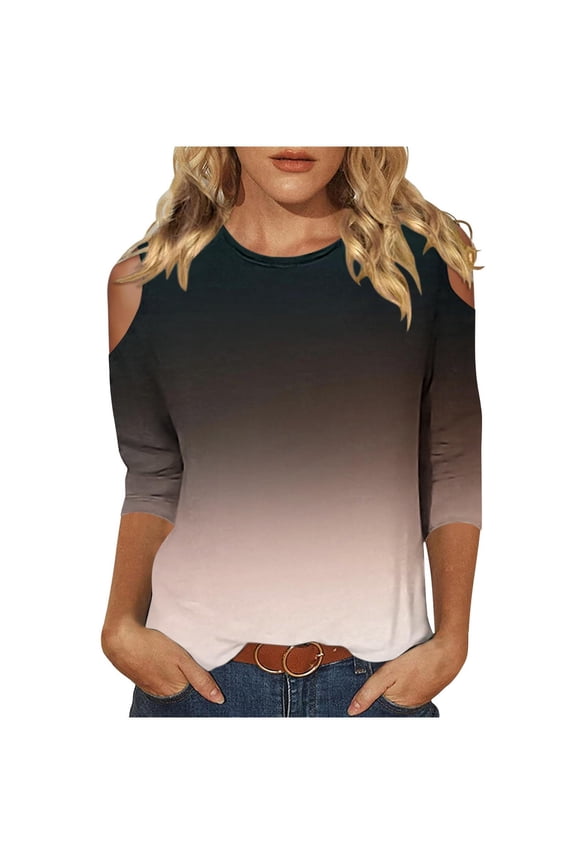 Petite Tops For Women Tops 3/4 Sleeve Pullover Shirts Cold shoulder Tunic Tops Crewneck Slim Fit Half Sleeve off shoulder Graphic Tshirts Gradient Blouse Tops