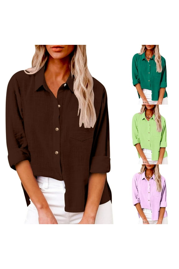 Plus Size Cotton Linen Tops Button Down Shirts for women Roll up Long Sleeve Casual Summer Fall Cardigan Blouses lapel Collared Button Up Shirts for Women V-Neck work Tunic Tops With Pockets