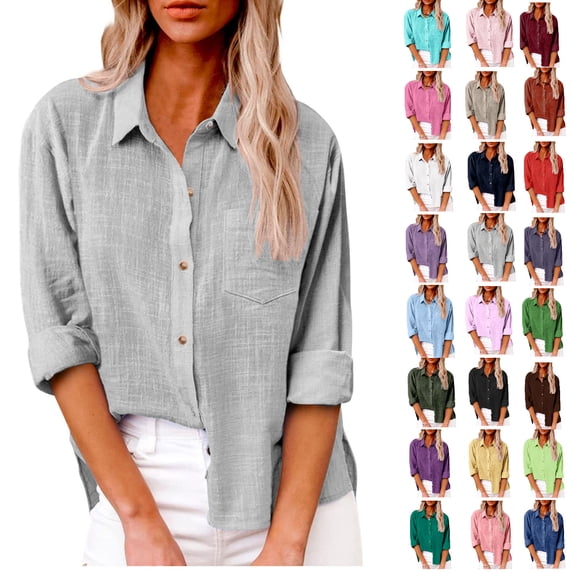 gakvbuo Plus Size Cotton Linen Tops Button Down Shirts for women Roll up Long Sleeve Casual Summer Fall Cardigan Blouses lapel Collared Button Up Shirts for Women V-Neck work Tunic Tops With Pockets