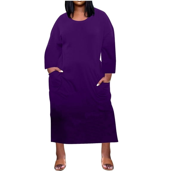 gakvbuo Plus Size Dress For Women Plus Size Dress For Women Round-Neck Casual Sundresses Pocket Knee Long Sleeve With Pockets