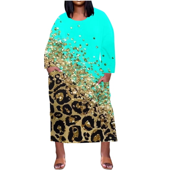gakvbuo Plus Size Dress For Women Plus Size Dress For Women Round-Neck Casual Sundresses Pocket Knee Long Sleeve With Pockets