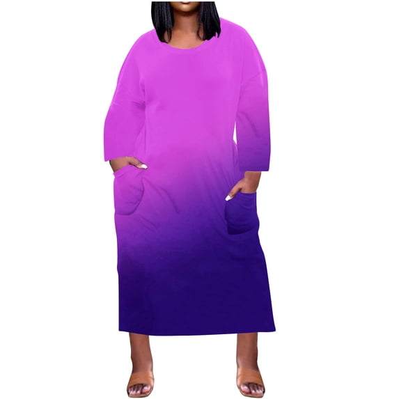 gakvbuo Plus Size Dress For Women Plus Size Dress For Women Round-Neck Casual Sundresses Pocket Knee Long Sleeve With Pockets