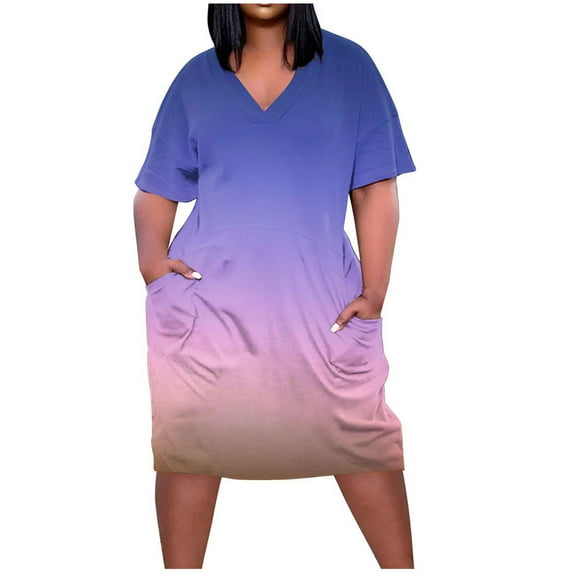 gakvbuo Plus Size Dress For Women Plus Size Dress For Women V Neck Summer Casual Sundresses Pocket Knee Short Sleeve With Pockets