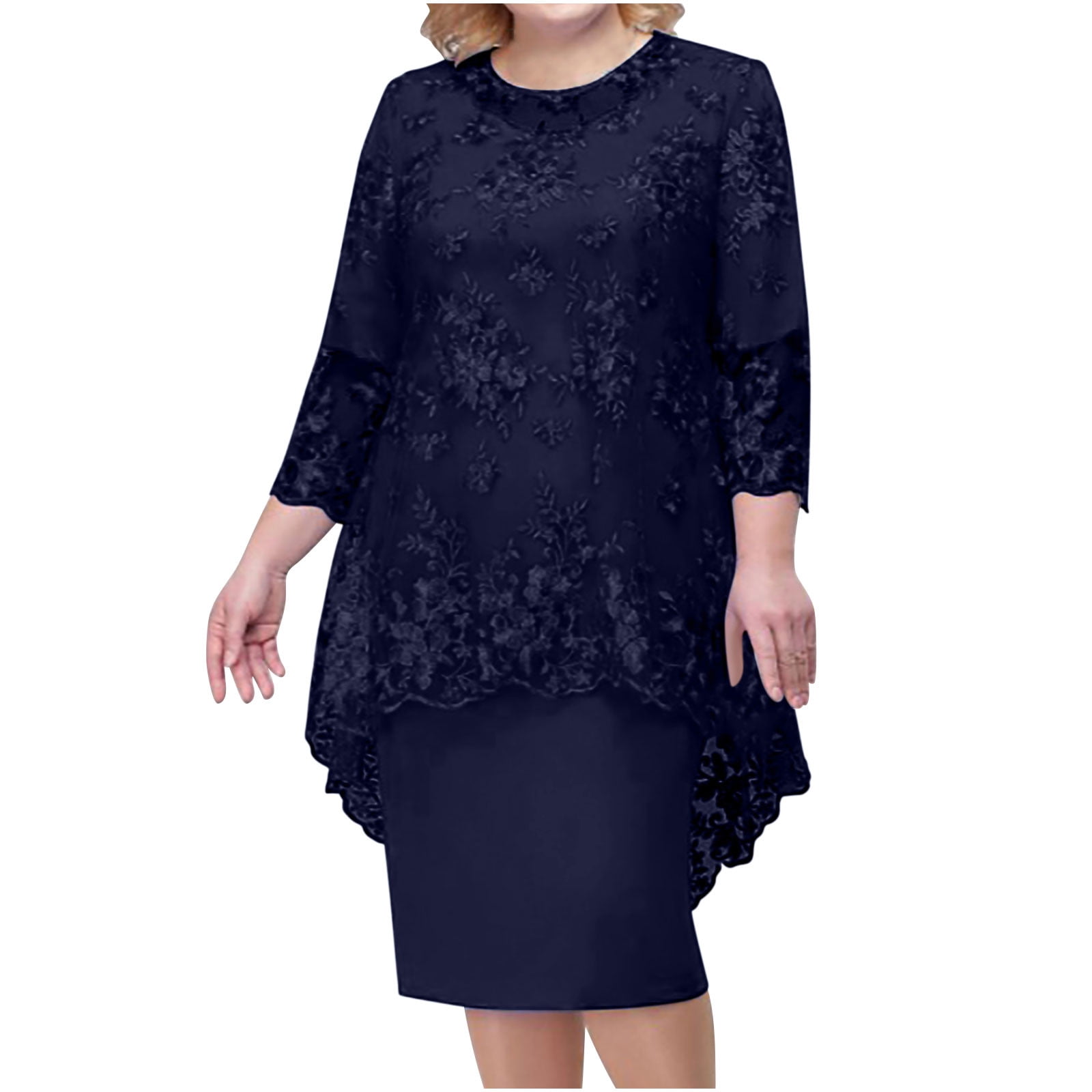 two piece cocktail dresses plus size Huresd Mother of The Bride Dress Two Piece Plus Size Formal Evening Party Dress with Lace Jacket Outfits Navy L