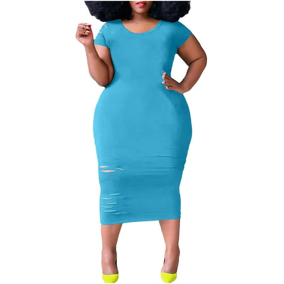 gakvbuo Plus Size Dress For Women Wedding Guest Women's Plus Size Fashion Solid Color Ripped Short Sleeve Dress