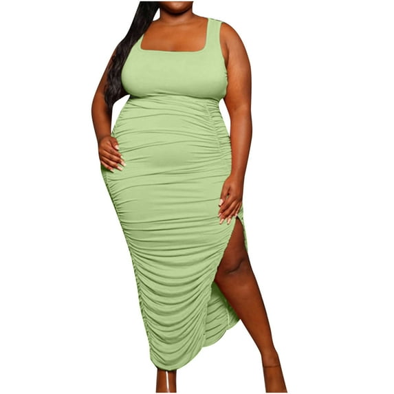 gakvbuo Plus Size Dress For Women Wedding Guest Women's Summer Fashion Large Size Solid Color U-Neck Sleeveless Pleated Stretch Slit Dress