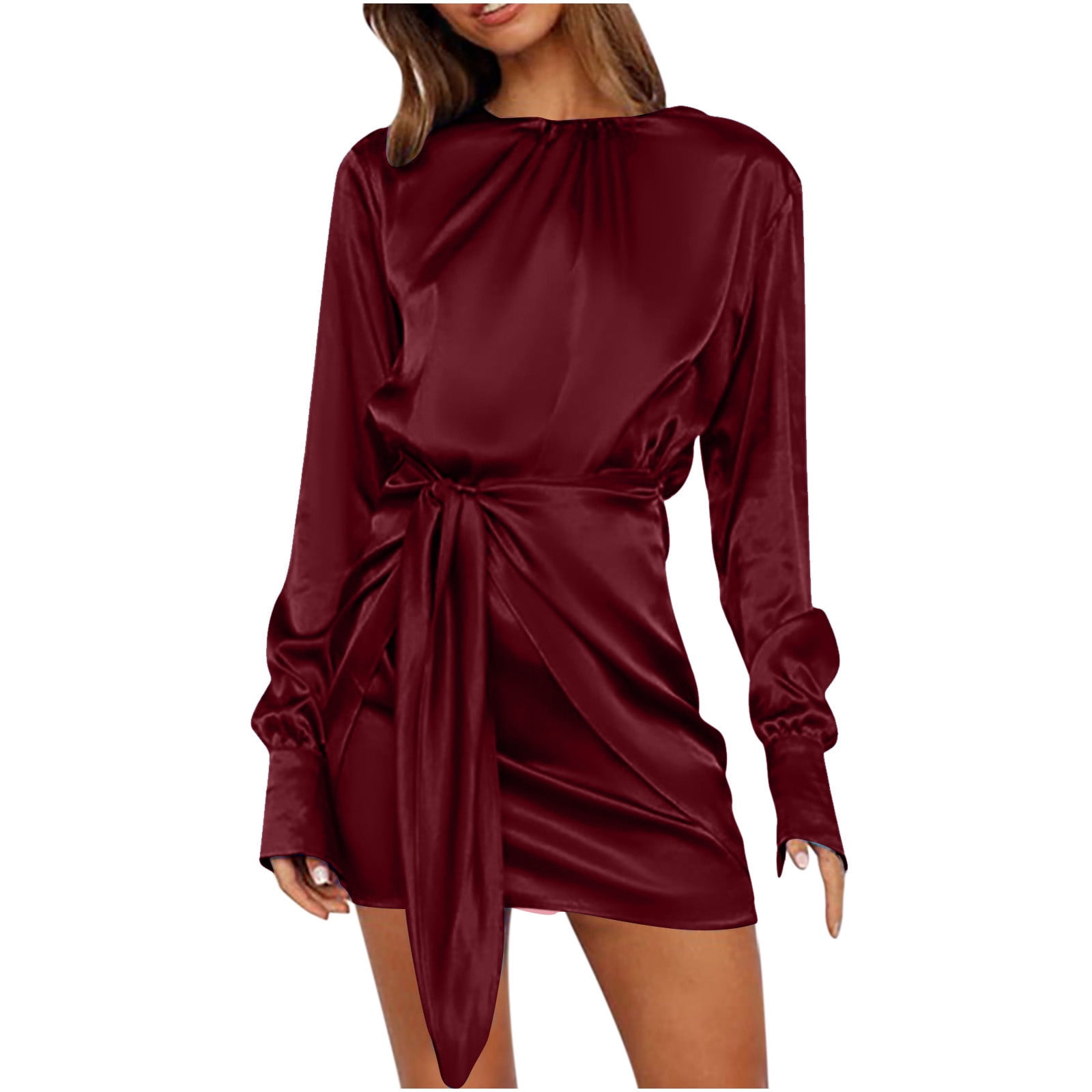 gakvbuo Plus Size Dresses For Curvy Women Wedding Guest Fall Dresses For  Women 2023 Women's Long Sleeve Crew Neck Elastic Tie Waist Dress -  Walmart.com