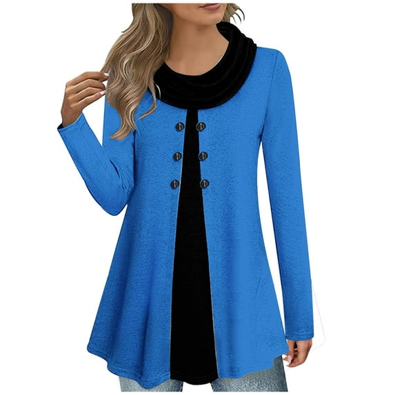 gakvbuo Plus Size Fall Tunic Tops with Buttons for Womens Cowl Neck Long Sleeve Top Patchwork Form Fitting Casual Shawl Neck A-Line Button Dressy Blouses Shirts Warm Splicing Pullover Sweatshirts