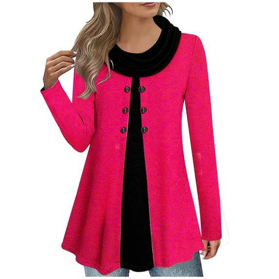 gakvbuo Plus Size Fall Tunic Tops with Buttons for Womens Cowl Neck Long Sleeve Top Patchwork Form Fitting Casual Shawl Neck A-Line Button Dressy Blouses Shirts Warm Splicing Pullover Sweatshirts