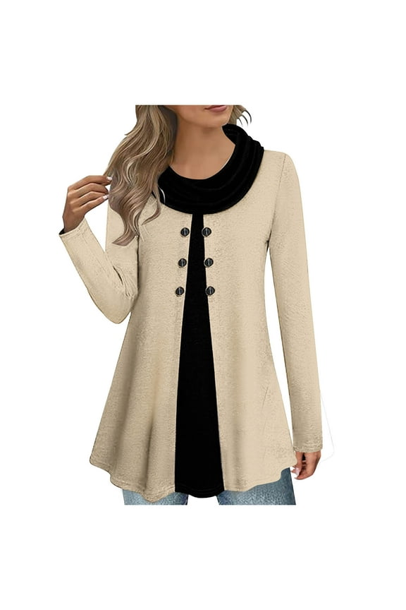 Plus Size Fall Tunic Tops with Buttons for Womens Cowl Neck Long Sleeve Top Patchwork Form Fitting Casual Shawl Neck A-Line Button Dressy Blouses Shirts Warm Splicing Pullover Sweatshirts