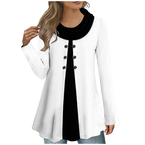 gakvbuo Plus Size Fall Tunic Tops with Buttons for Womens Cowl Neck Long Sleeve Top Patchwork Form Fitting Casual Shawl Neck A-Line Button Dressy Blouses Shirts Warm Splicing Pullover Sweatshirts