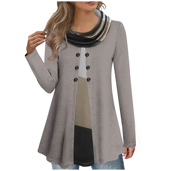 gakvbuo Plus Size Fall Tunic Tops with Buttons for Womens Cowl Neck Long Sleeve Top Patchwork Form Fitting Casual Shawl Neck A-Line Button Dressy Blouses Shirts Warm Splicing Pullover Sweatshirts