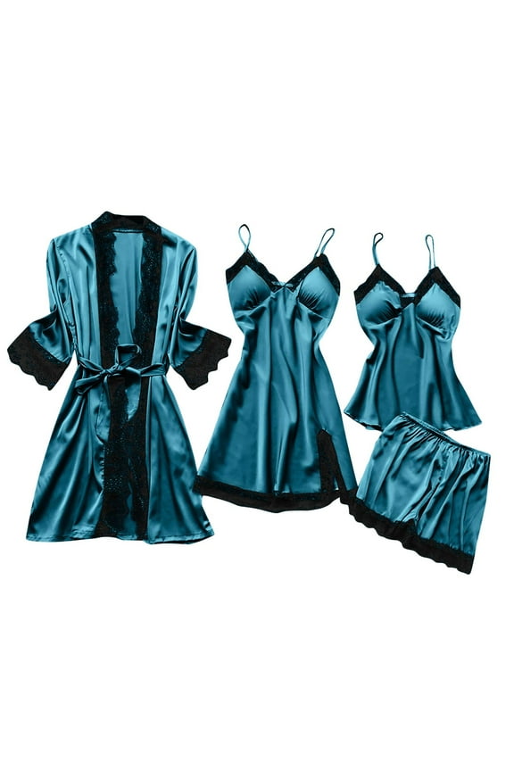 Plus Size Lingerie For Women'S Silk Satin Pajamas Nightdress 4 Pieces Floral Lace Cami Top Babydoll Sleepwear Set Lingerie Pajama Set With Kimono Cardigan Robe