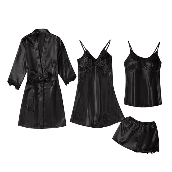 gakvbuo Plus Size Lingerie For Women'S Silk Satin Pajamas Nightdress 4 Pieces Floral Lace Cami Top Babydoll Sleepwear Set Lingerie Pajama Set With Kimono Cardigan Robe