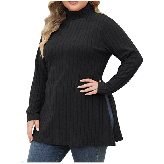 gakvbuo Plus Size Long Sleeve Tops For Women Turtleneck Neck Pullover Sweaters Loose Fit Dressy Fall Tunic Shirts Pit-Striped Slit Mid-Length Turtleneck Top