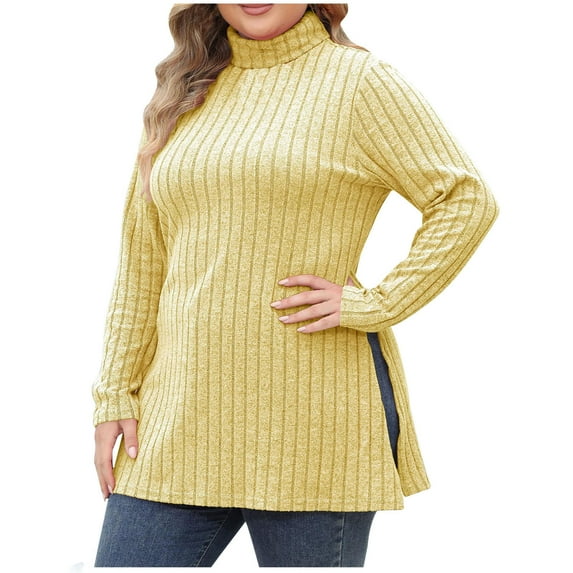 gakvbuo Plus Size Long Sleeve Tops For Women Turtleneck Neck Pullover Sweaters Loose Fit Dressy Fall Tunic Shirts Pit-Striped Slit Mid-Length Turtleneck Top