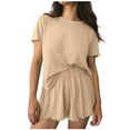 thumbnail image 1 of gakvbuo Plus Size Loungewear Set For Womens Sleepwear Nightwear Ribbed Knit Lounge Set Short Sleeve Top And Shorts Sleepwear Ruffle Trim Pajama Set Soft Two Piece Outfits Set With Pockets, 1 of 9