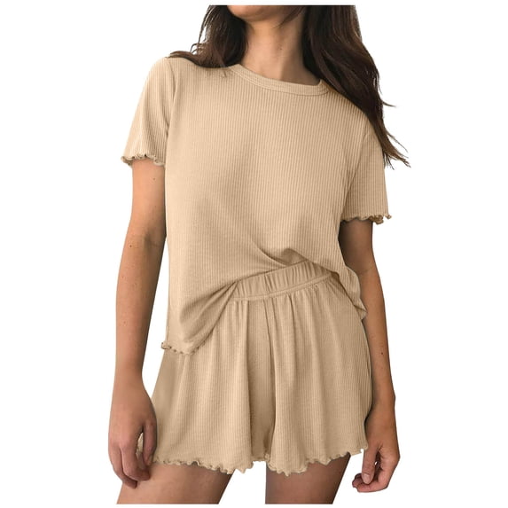 gakvbuo Plus Size Loungewear Set For Womens Sleepwear Nightwear Ribbed Knit Lounge Set Short Sleeve Top And Shorts Sleepwear Ruffle Trim Pajama Set Soft Two Piece Outfits Set With Pockets