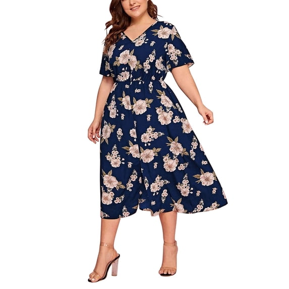 gakvbuo Plus Size Maxi Dress For Women Boho Floral Fashion Women Summer Casual Short Sleeve V Neck Printing Dress