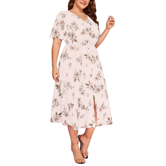 gakvbuo Plus Size Maxi Dress For Women Boho Floral Fashion Women Summer Casual Short Sleeve V Neck Printing Dress