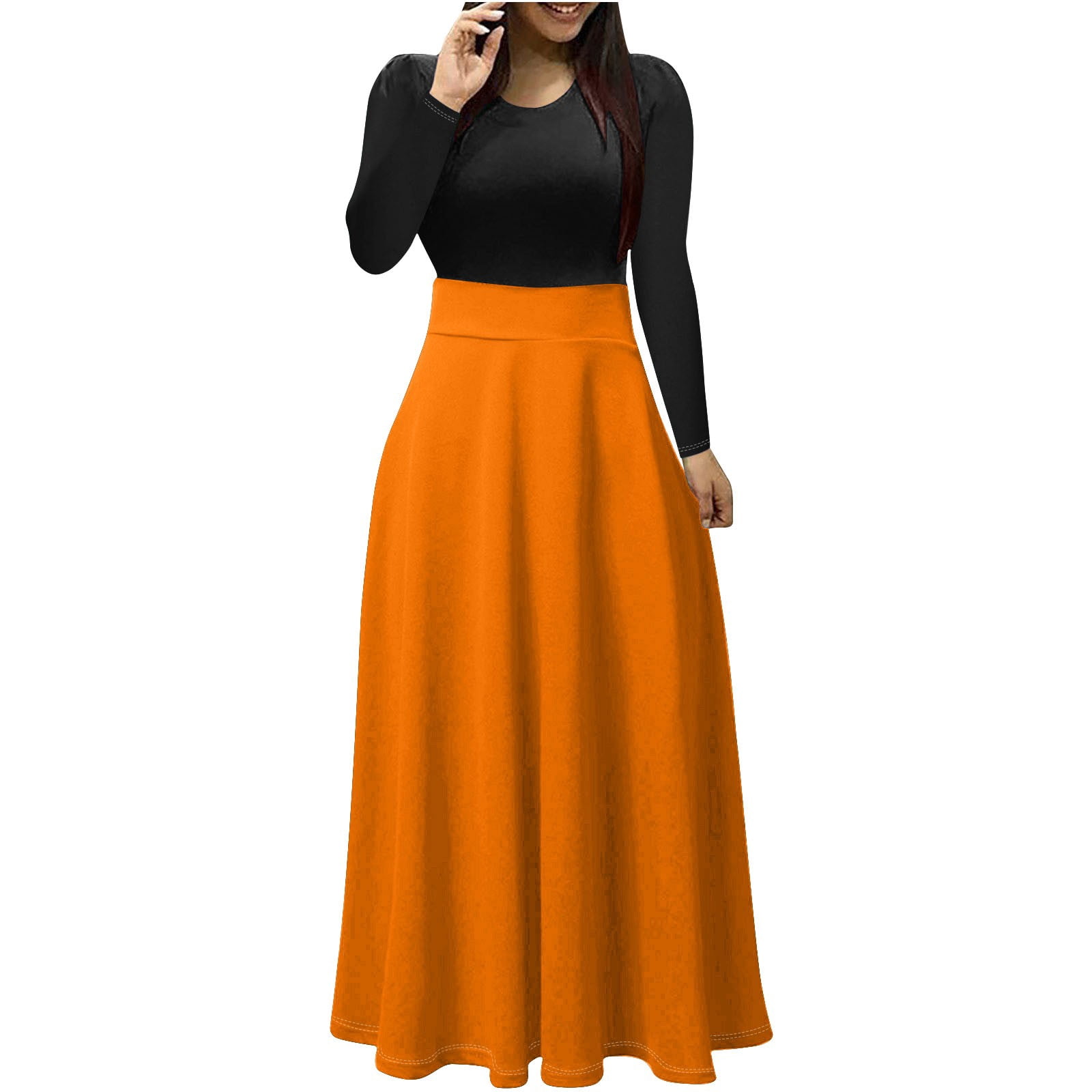 gakvbuo Plus Size Maxi Dress For Women Long Sleeve Fall Dress Es Casual  Color Block Crew Neck Patchwork Long Dress Es