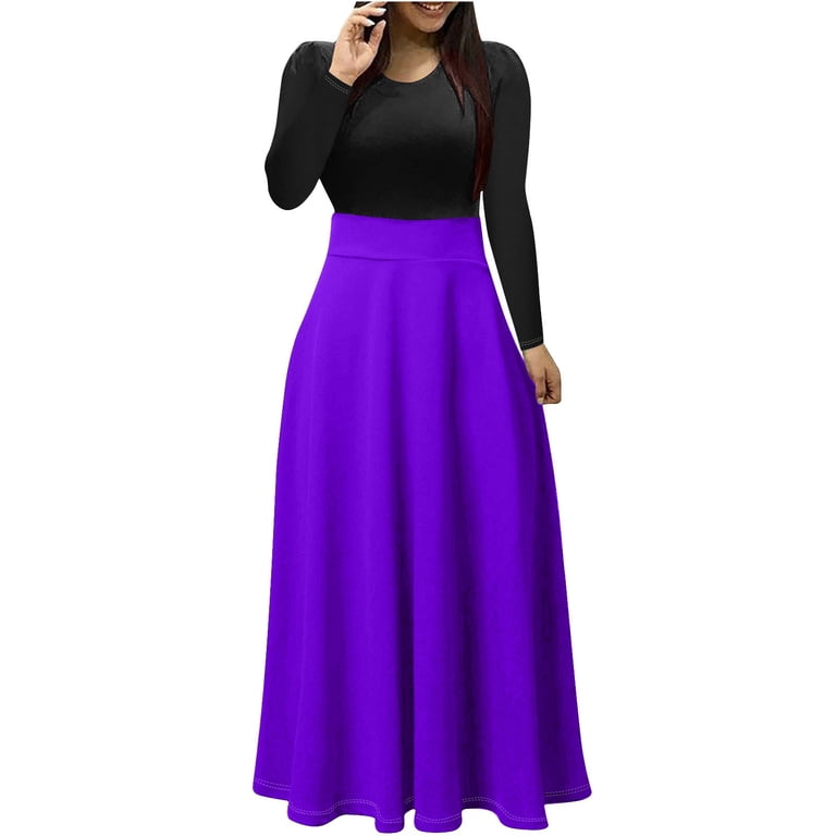 gakvbuo Plus Size Maxi Dress For Women Long Sleeve Fall Dress Es Casual Color  Block Crew Neck Patchwork Long Dress Es - Walmart.com