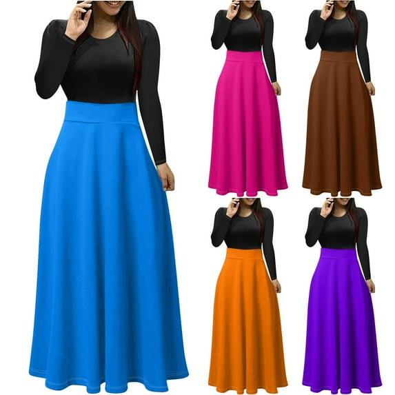 gakvbuo Plus Size Maxi Dress For Women Long Sleeve Fall Dress Es Casual Color Block Crew Neck Patchwork Long Dress Es