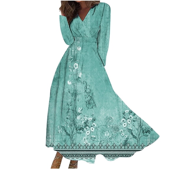 gakvbuo Plus Size Maxi Dress For Women Long Sleeve V Neck Casual Boho Floral Print Ruffle Flowy Dress Fall Dresses For Women 2023