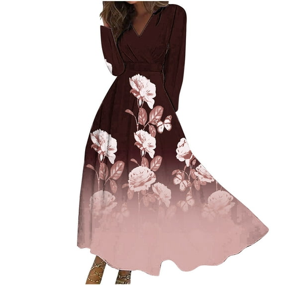 gakvbuo Plus Size Maxi Dress For Women Long Sleeve V Neck Casual Boho Floral Print Ruffle Flowy Dress Fall Dresses For Women 2023
