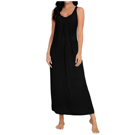 gakvbuo Summer Tank Dress For Women Maxi Dress Sundress Womens Solid Color Lace V-Neck Sleeveless Loose Casual Mid Calf Nightgown