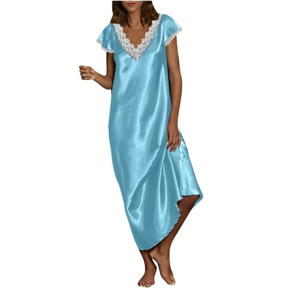 gakvbuo Plus Size Maxi Dress For Women Women's Summer Fashion Solid V-Neck Lace Short Sleeve Pullover Dress